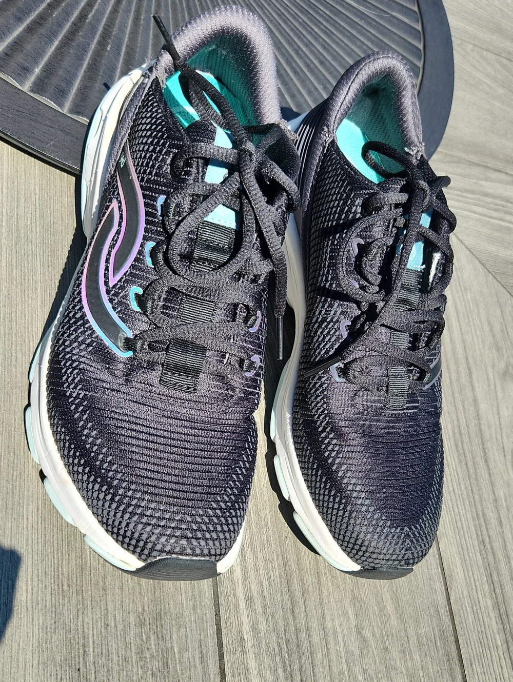 Size 7 1/2 WideRyka Women's Black Athletic Sneakers with Teal and Purple Accents